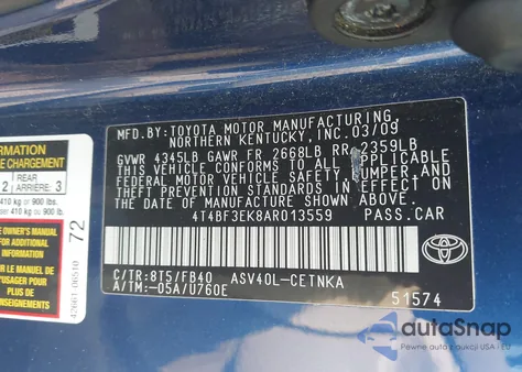 2010 Toyota Camry Se/Le/Xle z USA, uszkodzony, nr VIN 4T4BF3EK8AR013559